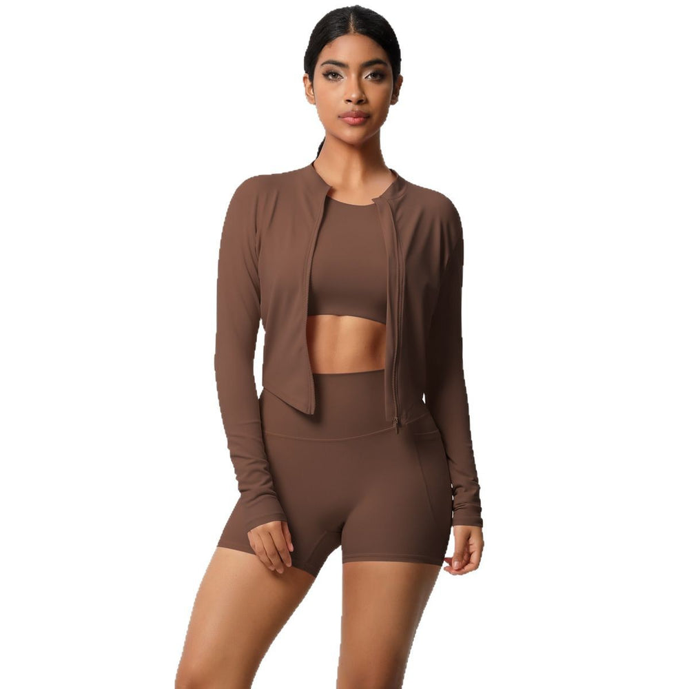 cloud-feel brushed short-sleeved sports zipper outwearflap pocket pants shorts hip-lifting fitness yoga wear three-piece set
