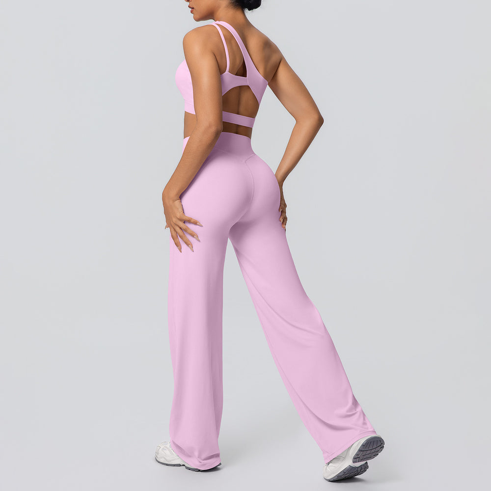 Cloud-feel casual one-shoulder racerback high-waisted butt-lifting straight-leg wide-leg activewear yoga set for women - perfect for outdoor running and fitness