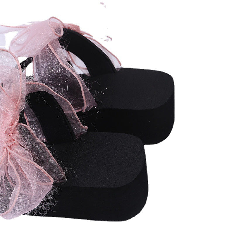Ready-to-ship wish 2024 summer new european and american style foreign trade bowknot platform flat wide band beach sandals and slippers