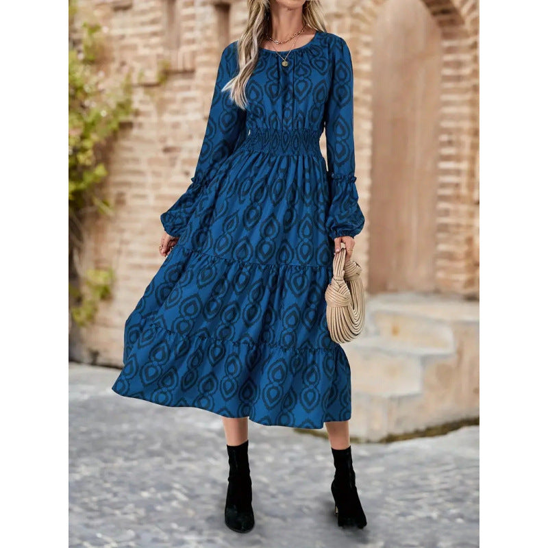 Shipped: european and american export women's clothing -  cross-border fashion geometric print casual long sleeve dress