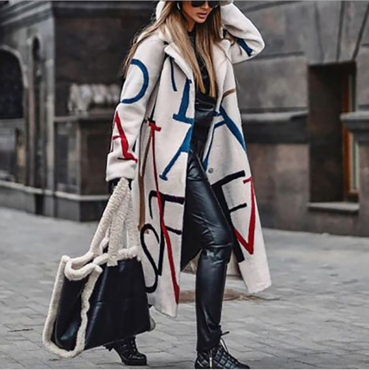 In stock! fashion cross-border fall and winternew arrivalwomen's looseplus sizeprinting windbreaker lapel coatoutwear women
