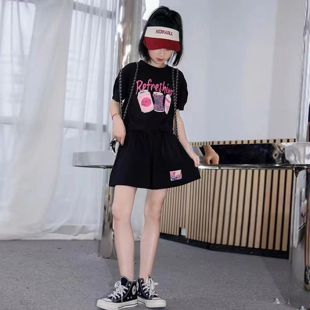 Girls' preppy style outfit, kids'  summer collection, short-sleeved chic spring/summer big girls' jk skirt two-piece trendy set
