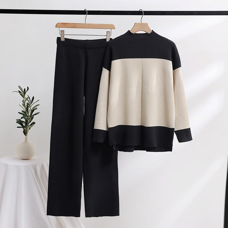 K-stylelong sleevesfashionsuit women's loose stand collar stripesknitting shirttopstwo-piece sethigh waiststraight-legloose pants
