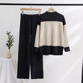 K-stylelong sleevesfashionsuit women's loose stand collar stripesknitting shirttopstwo-piece sethigh waiststraight-legloose pants