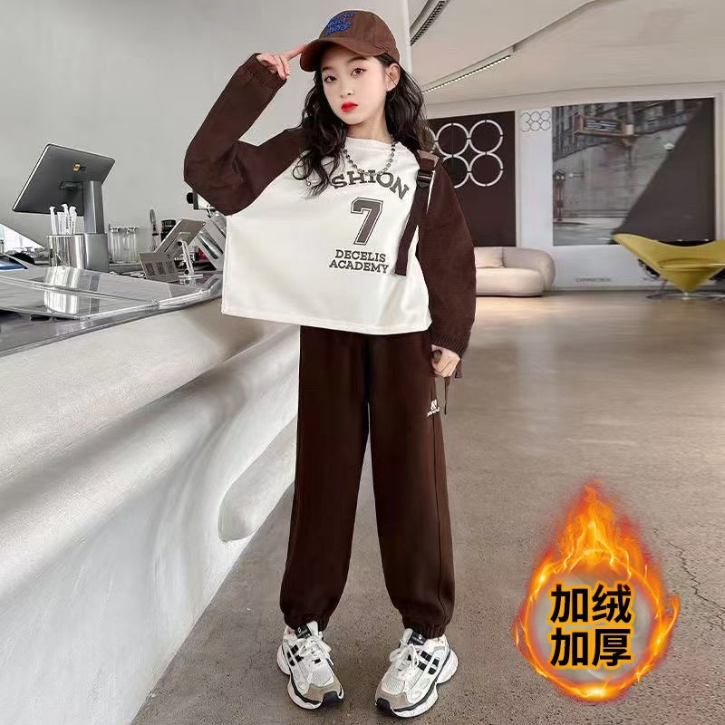 Girls' outfit  new style: trendy and stylish casual loose-fit hoodie and sweatpants set for spring and autumn, two-piece family matching outfit