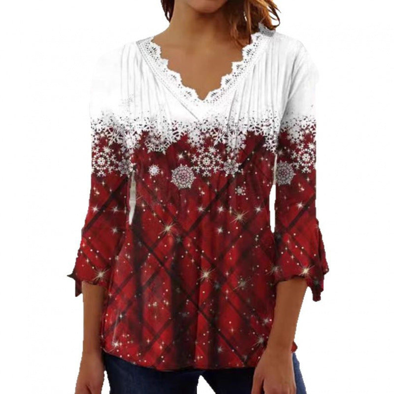 fall/winter new european and american style cross-border snowflake print plaid v-neck long sleeve top for women