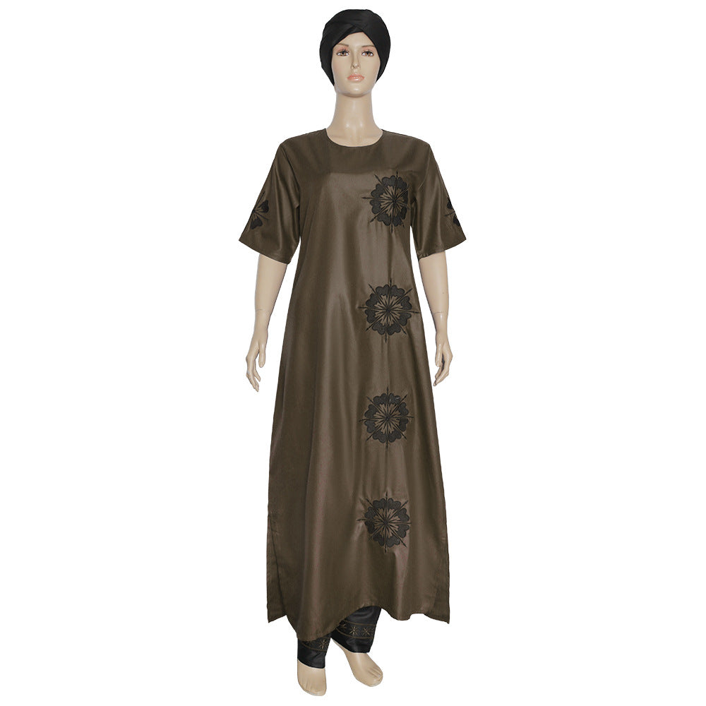 Wholesale   two-piece set short sleeve matte fabric dress with headscarf maxi dress plus size women's
