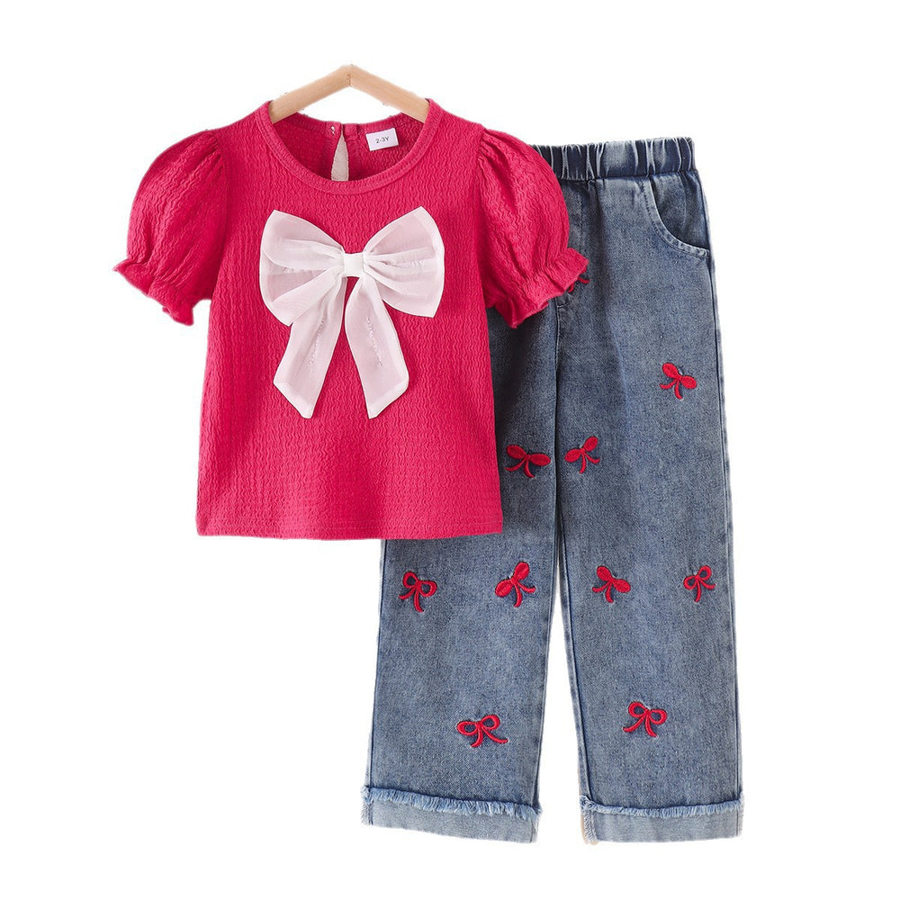 european and american girls' rose red short-sleeved tops + blue trousers two-piece set