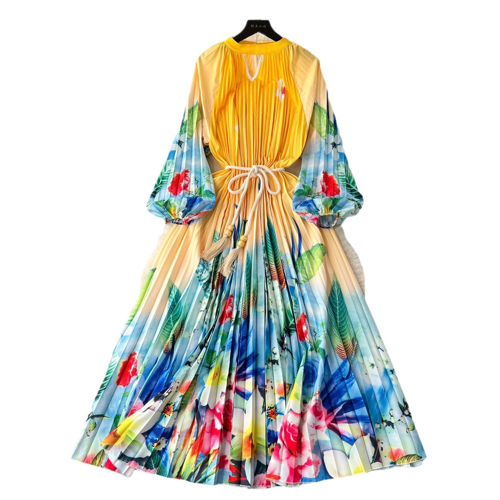 Elegant and chic printed dress for women - summer bubble sleeve tie-waist design, unique and flowy fairy dress