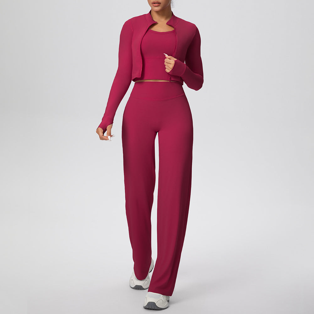 pure color brushed tight high-elastic vest wide-leg long three-piece set sports running fitness yoga suit