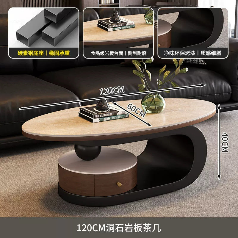 Wabi-sabi style coffee table, oval rock slab combination, small apartment home living room, retro high-end storage design tea table