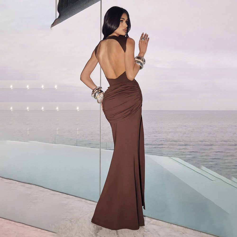 european and american autumn new arrival: fashionable solid color sleeveless ribbon dress - women's sexy backless pleated maxi dress