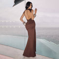 european and american autumn new arrival: fashionable solid color sleeveless ribbon dress - women's sexy backless pleated maxi dress