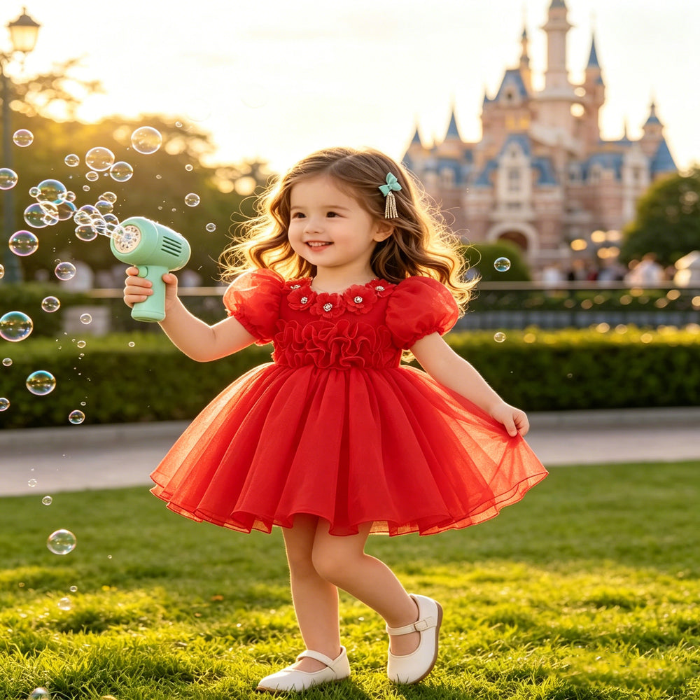 Ready-to-ship new bubble sleeve children's formal dress, floral tulle princess dress, baby girl's first birthday dress