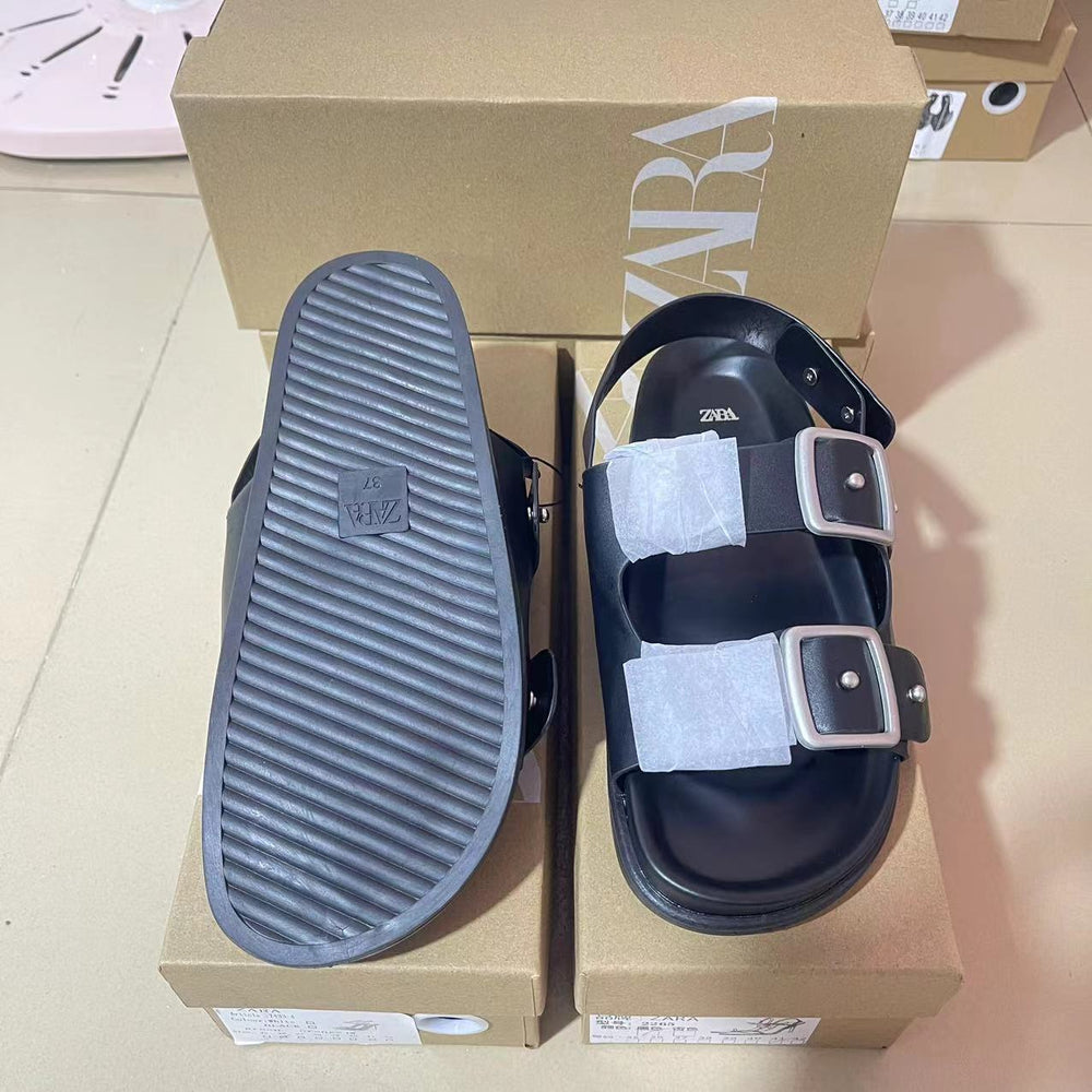 Za2024 autumn new arrivals: women's european & american fashion sandals - black studded flat leather sandals for outdoor wear