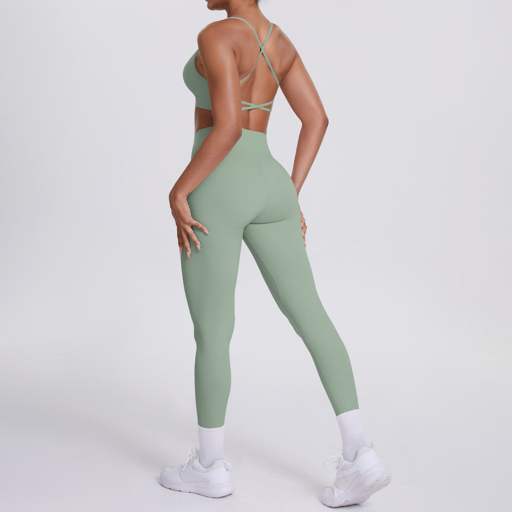New arrival cross-border fashion double-sided nylon beautiful back tight cross sports yoga suit running fitness two-piece set