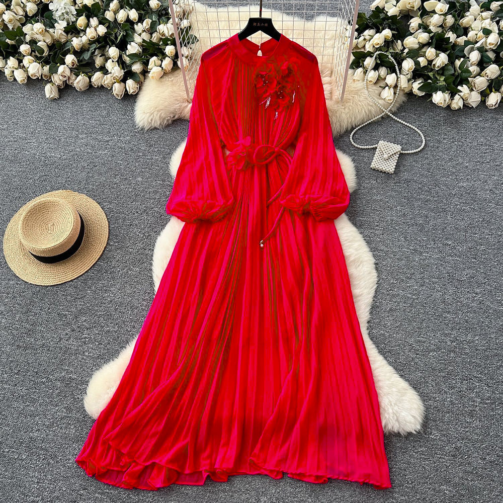 Frenchclassyelegancedress women's heavy industry beading stereo flower strap waist draped large swing pleated long skirt