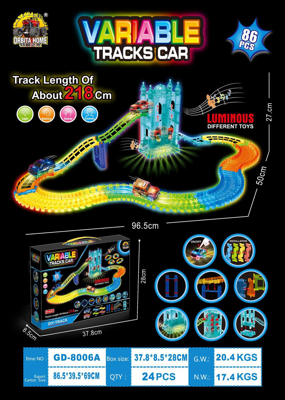 New arrival cross-border assembleable kids toys cool luminous track toy car lighting toys patchwork track piece