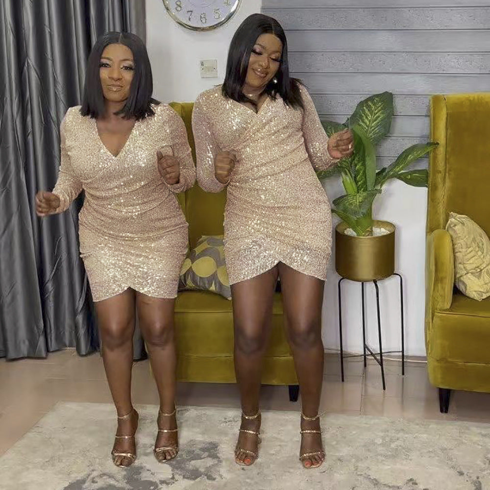 african plus size women's clothing: sexy v-neck bodycon mini dress with sequins - perfect for , , and european & american markets