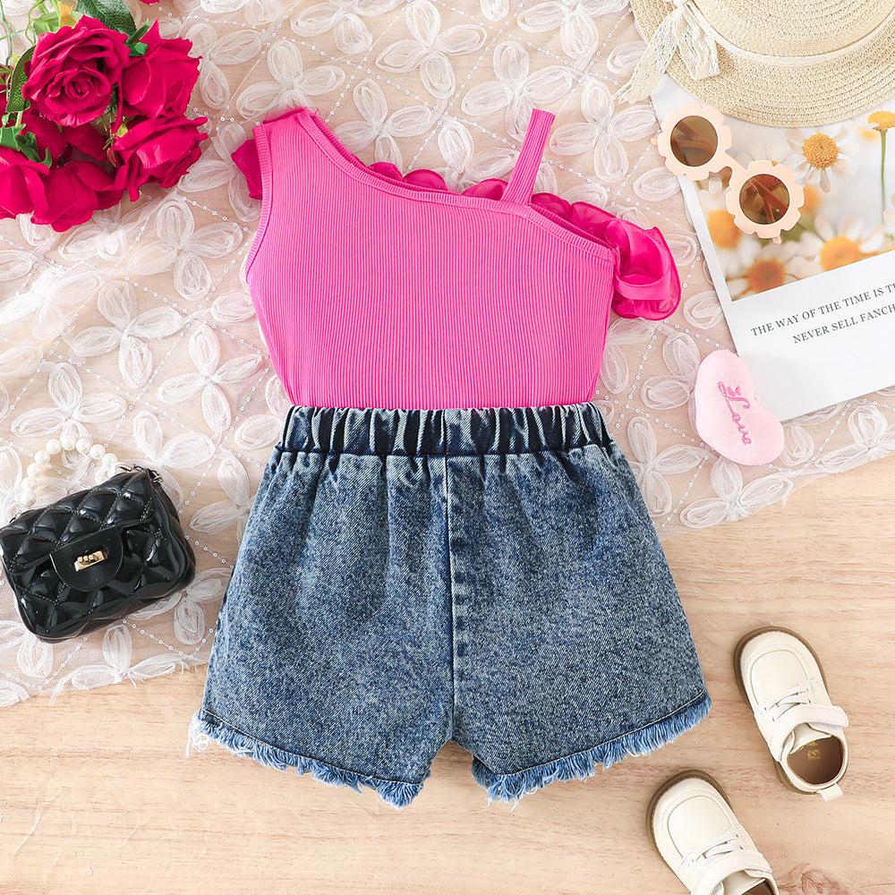 new girls' ruffle trim one-shoulder cami top + heart print denim shorts set