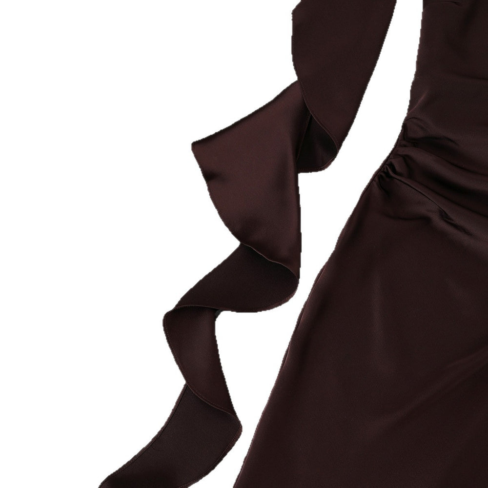 Women's sophisticated satin dress - one-shoulder, flowing ribbon, slimming waist, long formal dress