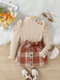 autumn new arrival: mock neck princess sleeve top + plaid skirt two-piece set