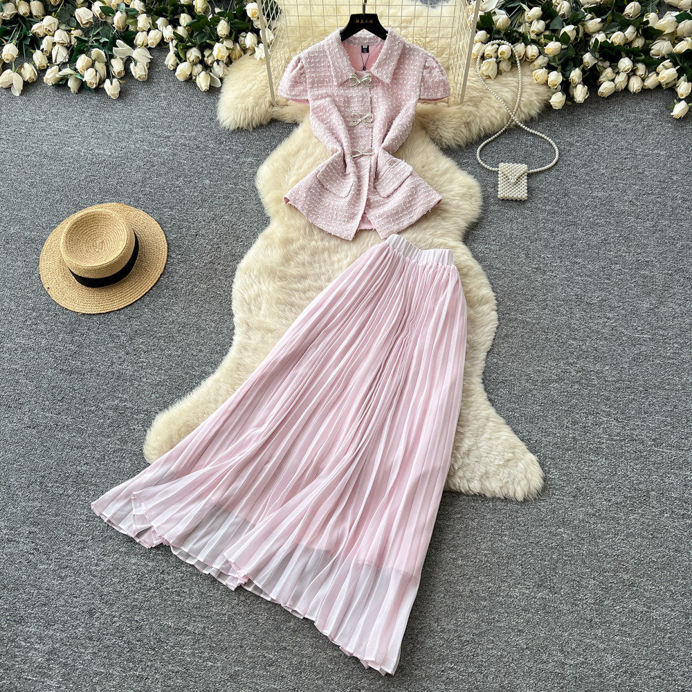 French chic collar sweetheart vest pleated skirt two-piece set - elegant, stylish, and high-end summer collection for women
