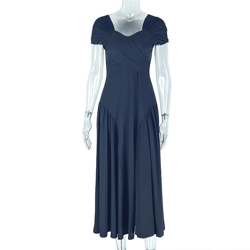 European and american style elegant women's solid color pleated a-line dress v-neck short sleeve slim fit backless maxi dress banquet gown