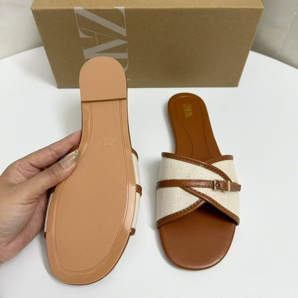 Za2025 new women's brown buckle-embellished flat sandals - perfect for beach, poolside, and everyday wear - european & american style