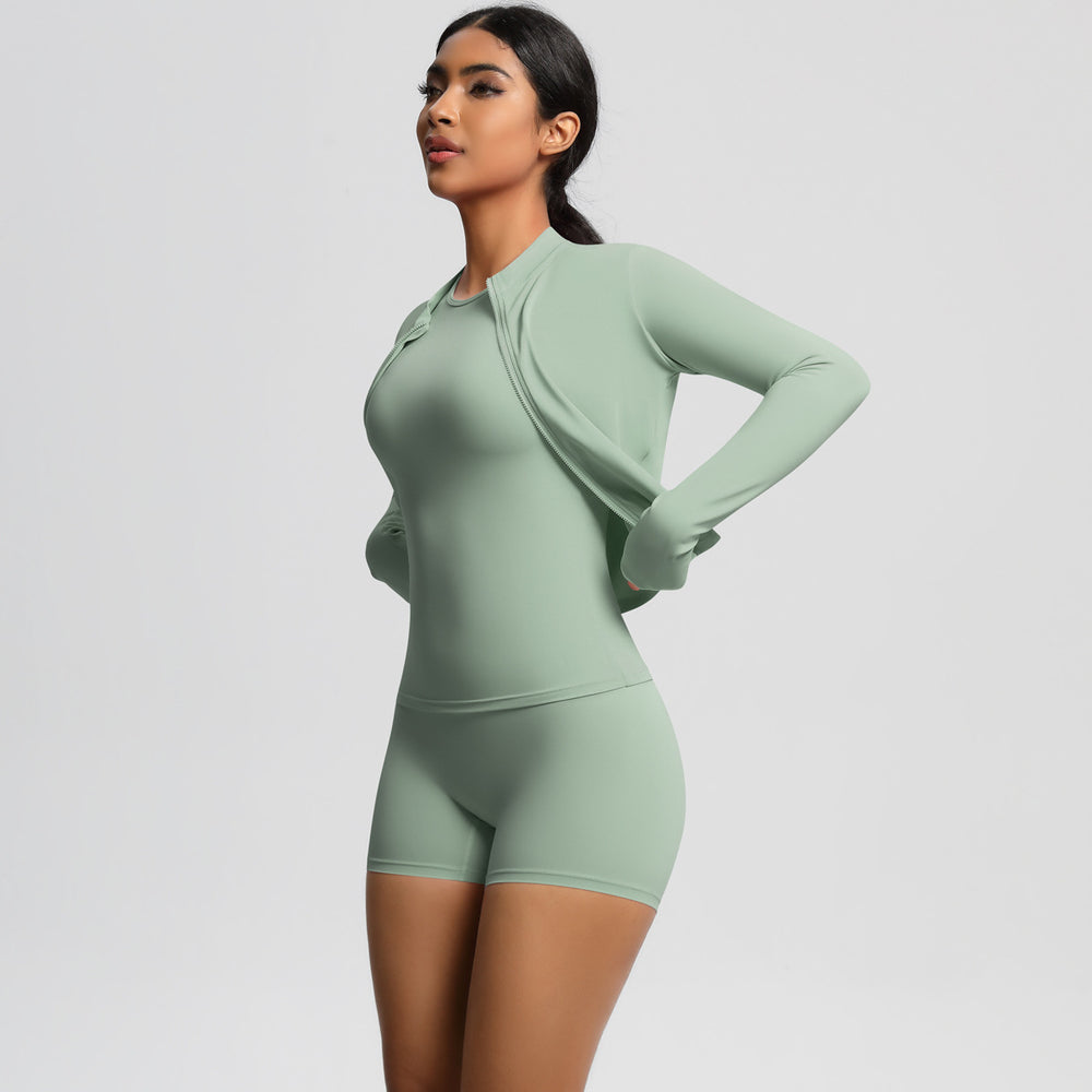 European and american nude feel cardigan jacket, crew neck short sleeve t-shirt, casual yoga set, running sports fitness three-piece outfit