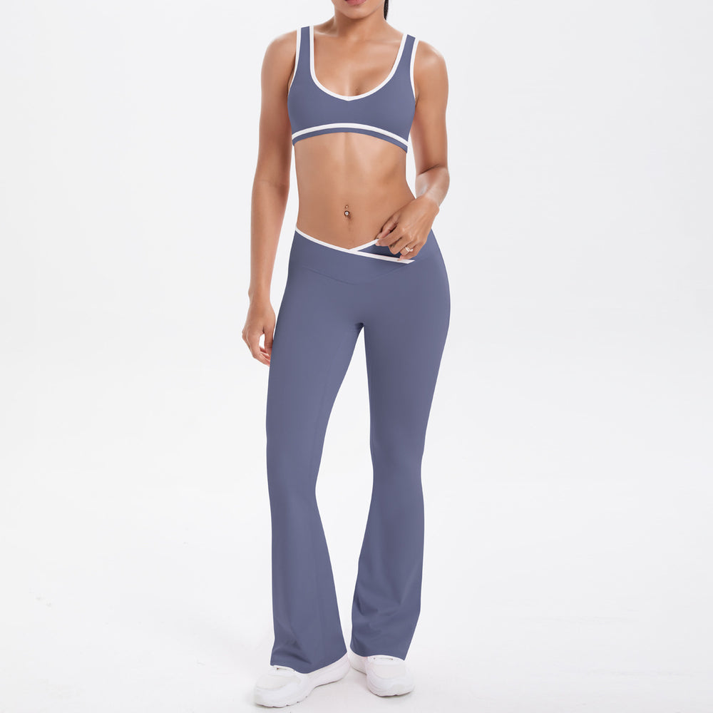 new color block spliced high-waisted flared leggings and top activewear set for women - perfect for outdoor running, fitness, and yoga