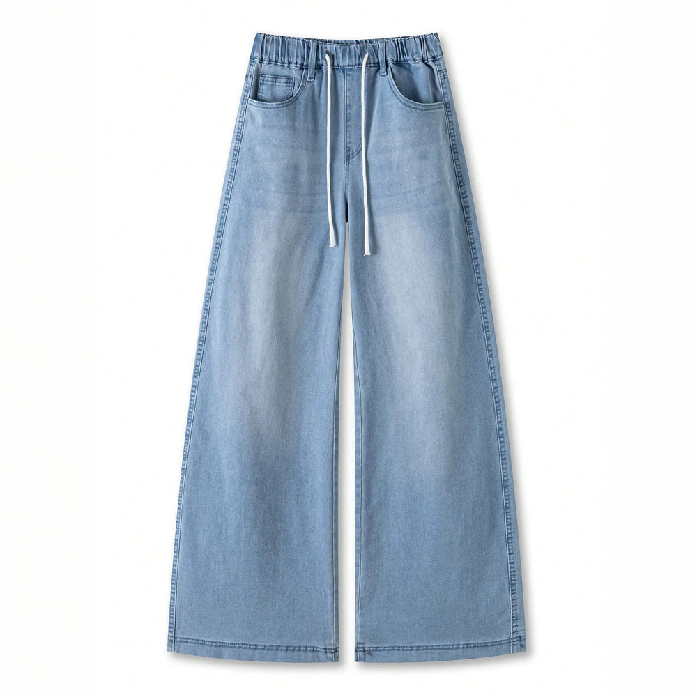 Fashion cross-border casual style drawstring waist wide-leg jeans women's light blue washed looseslimming lookdrapedmoppants