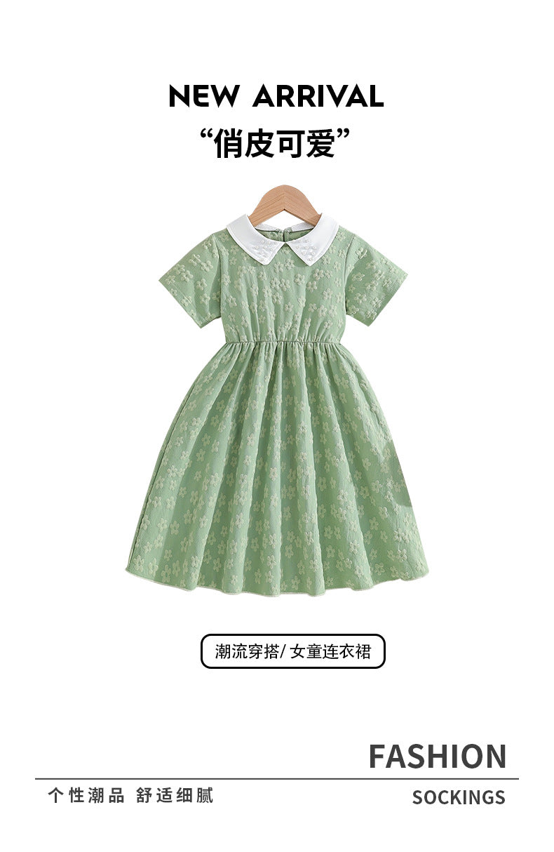 Exportsummergirldress doll collar short sleeve mint greenstereo small flower freshkids princess skirt skirt