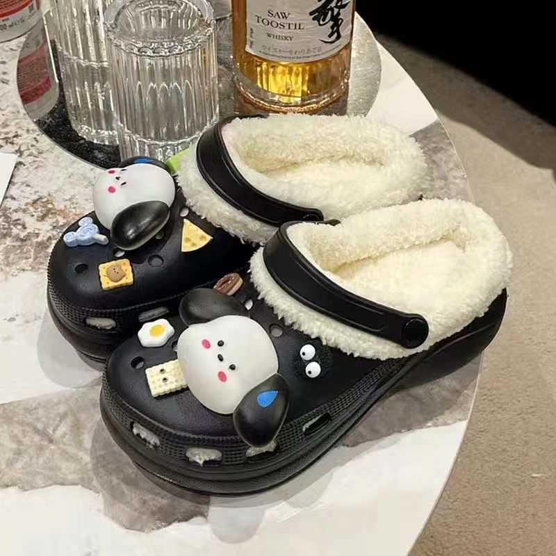 Croc shoes winterfleece-lined women's cotton slippers thick soleeasiest for matchnon-slip student dormitory heattechoutwearcouplecute slippers