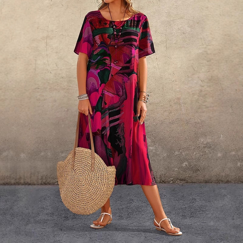 european and american cross-border fashion casual printed dress - summer short sleeve tie-waist round neck loose beach maxi dress