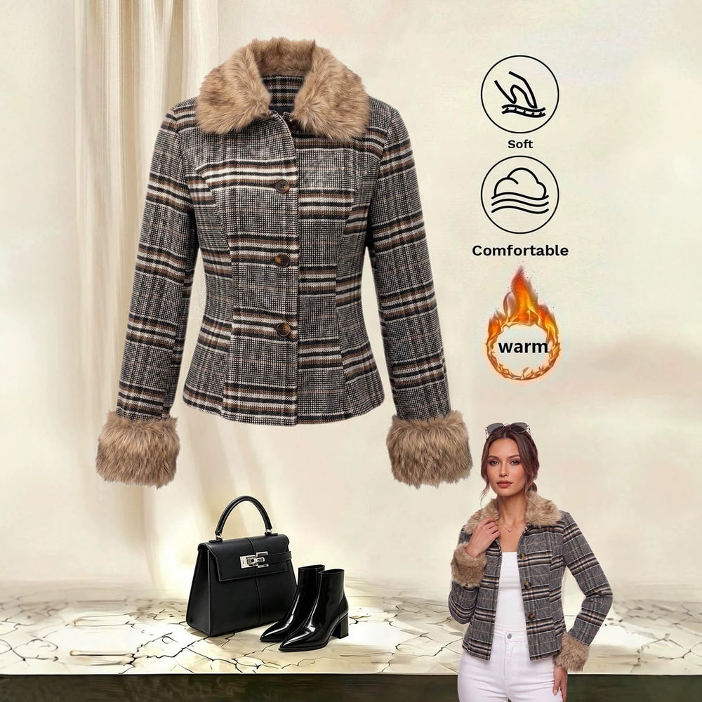fashion cross-border grids pattern fur collar short outwearretrogrids pattern imitation fur collar cuffs single-breasted silmoutwear