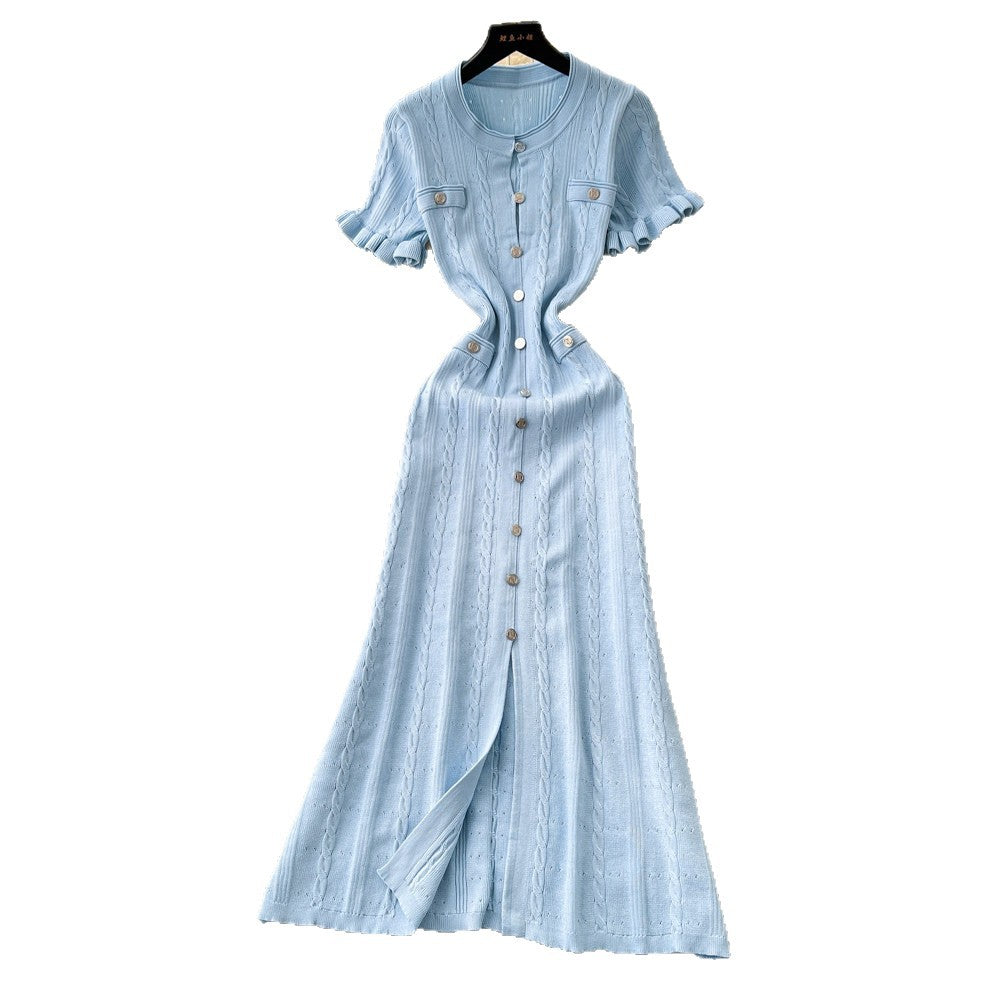 Export french tweed styleclassyfashionable buttoned silm short-sleeved knittingdress women's summer waist elegant