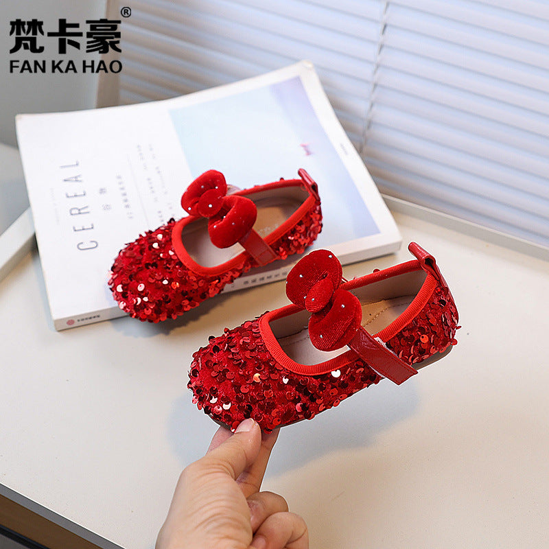 Girls' fashionable and versatile shoes - sequin bow princess shoes - new autumn collection - children's flats - dance shoes - leather shoes