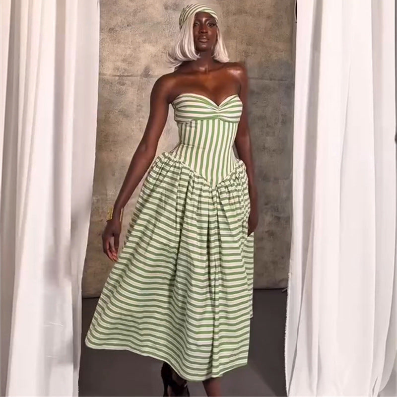 European and american women's clothing  autumn new collection: sweet and fresh striped bandeau high-waisted slimming a-line midi dress