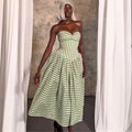 European and american women's clothing  autumn new collection: sweet and fresh striped bandeau high-waisted slimming a-line midi dress