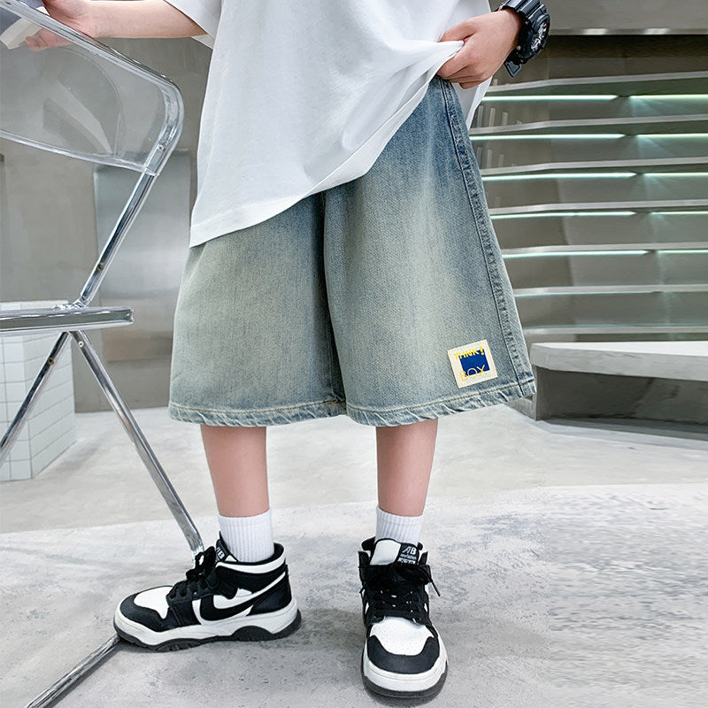Boys' summer denim shorts - lightweight, loose-fit, mid-length shorts for kids - stylish letter print for older boys