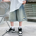 Boys' summer denim shorts - lightweight, loose-fit, mid-length shorts for kids - stylish letter print for older boys