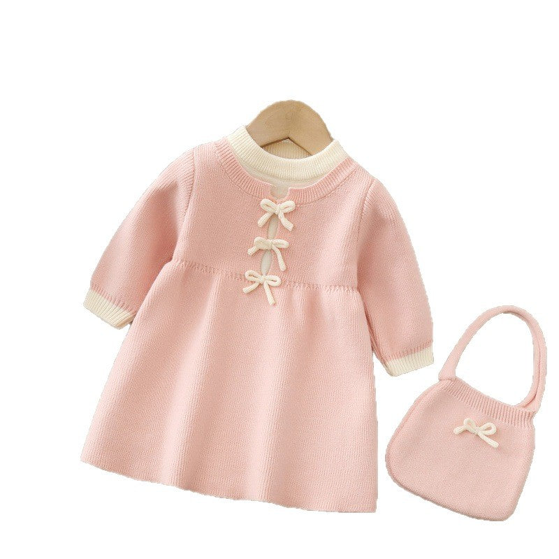 Girls' knit sweater dress - new autumn  collection: sweet bow detail, long knit dress for little girls