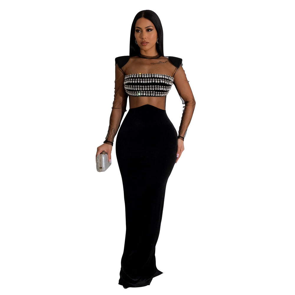 C6823 cross-border   fashion women's solid color mesh rhinestone long sleeve maxi dress