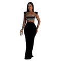 C6823 cross-border   fashion women's solid color mesh rhinestone long sleeve maxi dress