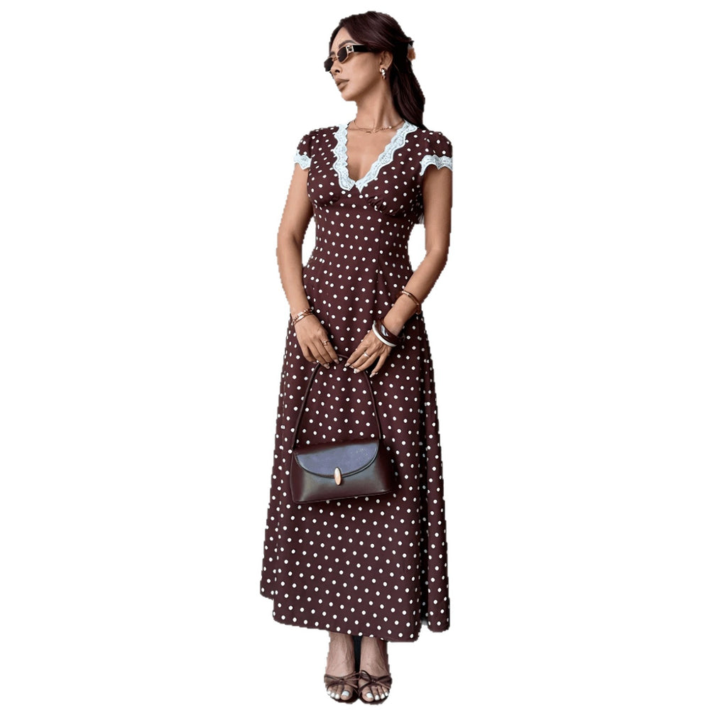 cross-border fashionexportfrenchretro polka dot printingv necklacepatchwork longdress