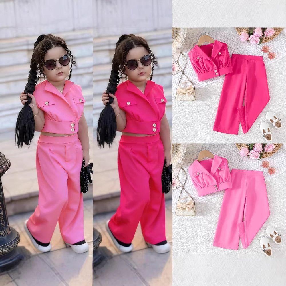 new girls' solid color cropped vest set: collared vest + high-waisted wide-leg pants