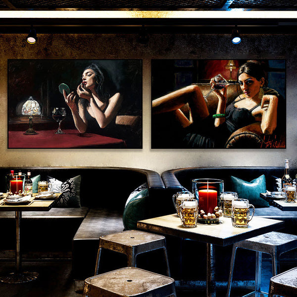 Bar decoration painting American restaurant cigar red wine woman hanging painting winery club whiskey oil painting retro mural