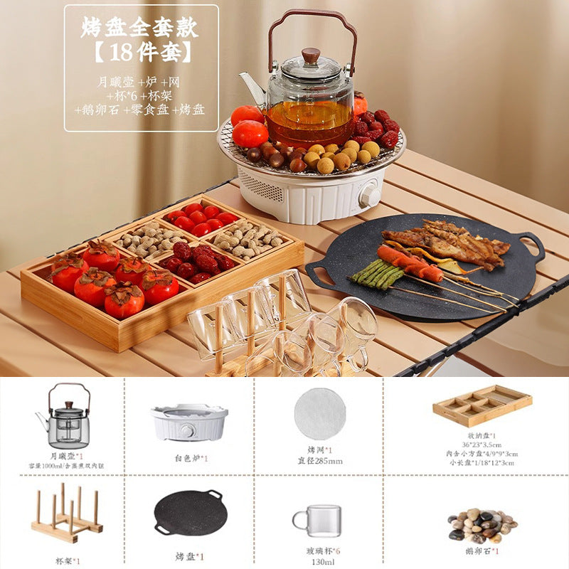 Electric ceramic stove tea set - complete tea brewing kit for home use: includes glass teapot, electric oven, tea cups, fruit plate, and tea accessories