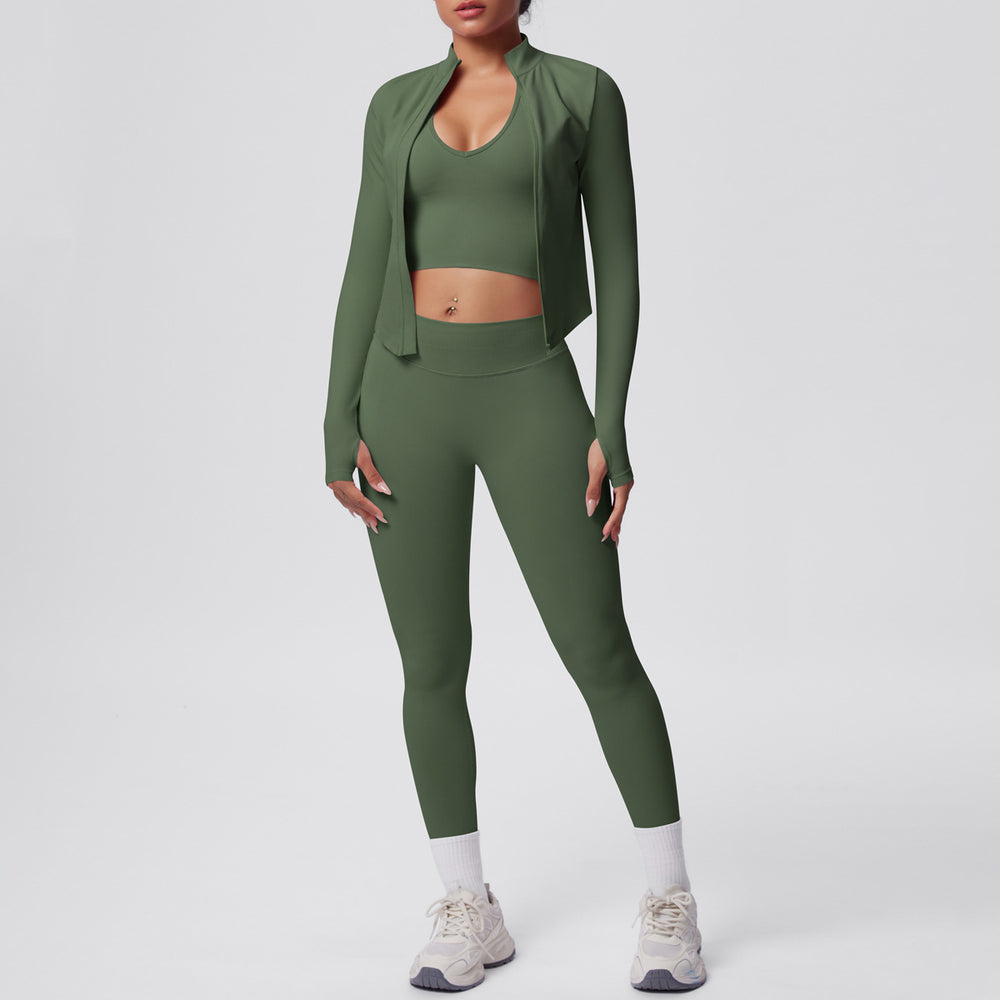 New solid color knitted compression seamless yoga set - quick-dry, breathable, outdoor casual running & fitness 3-piece set